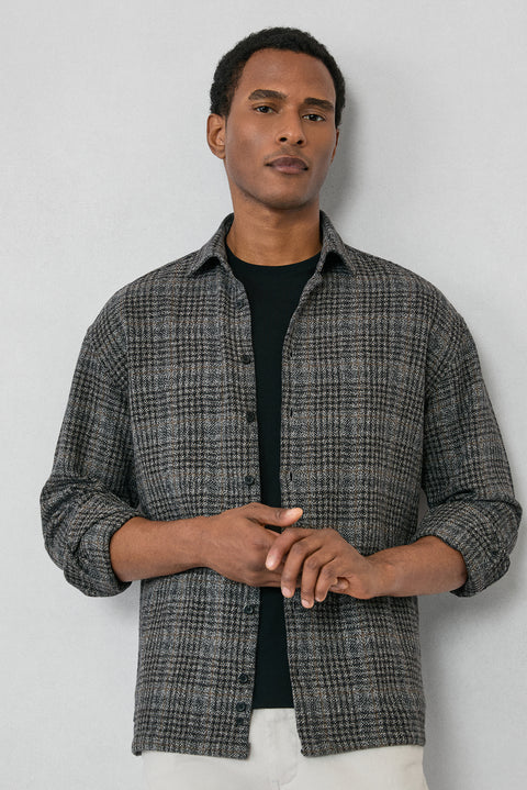 Orta Antrasit Uzun Kol Oversize Ekstra Rahat Kesim Ekose Pamuk Oduncu Kışlık Gömlek