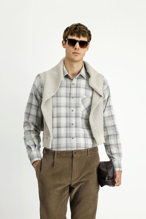 Açık Bej Uzun Kol Regular Fit Spor Pamuklu Ekose Oduncu Gömlek