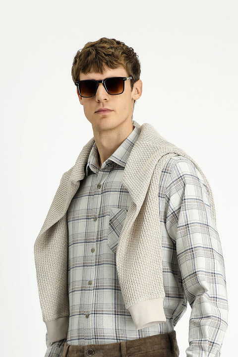 Açık Bej Uzun Kol Regular Fit Spor Pamuklu Ekose Oduncu Gömlek