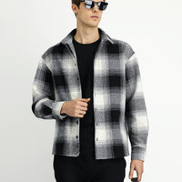 Siyah Uzun Kol Oversize Ekstra Rahat Kesim Spor Ekose Shacket Oduncu Pamuklu Gömlek / Mont