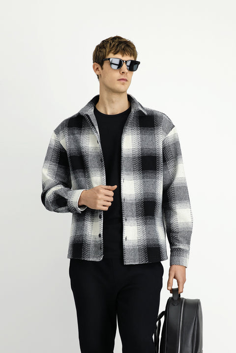 Siyah Uzun Kol Oversize Ekstra Rahat Kesim Spor Ekose Shacket Oduncu Pamuklu Gömlek / Mont