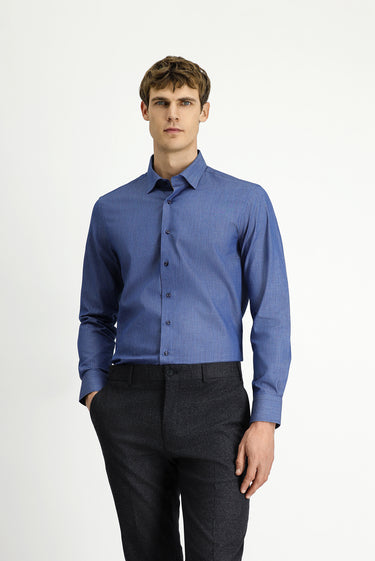 İndigo Uzun Kol Slim Fit Dar Kesim Spor Desenli Pamuk Denim Gömlek