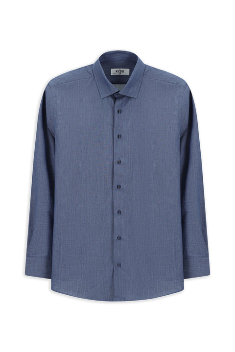 Indigo Long Sleeve Slim Fit Narrow Cut Sporty Patterned Cotton Denim Shirt