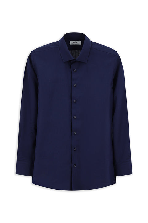 Koyu Lacivert Uzun Kol Slim Fit Dar Kesim Spor Desenli Pamuk Denim Gömlek