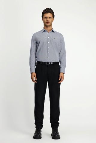  Koyu Lacivert Uzun Kol Klasik Desenli Cepli Pamuklu Kolay Ütülenebilir Gömlek