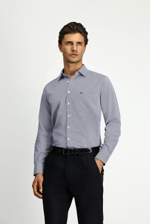 Koyu Lacivert Uzun Kol Klasik Desenli Cepli Pamuklu Kolay Ütülenebilir Gömlek