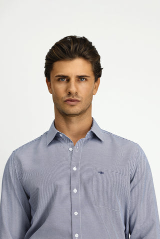  Koyu Lacivert Uzun Kol Klasik Desenli Cepli Pamuklu Kolay Ütülenebilir Gömlek