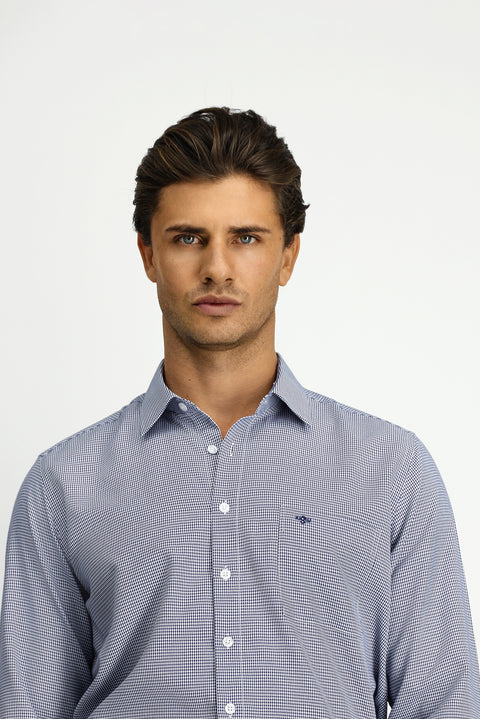 Koyu Lacivert Uzun Kol Klasik Desenli Cepli Pamuklu Kolay Ütülenebilir Gömlek