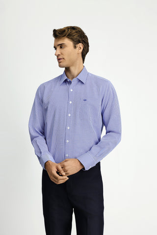  Koyu Mavi  Uzun Kol Klasik Desenli Cepli Pamuklu Kolay Ütülenebilir Gömlek