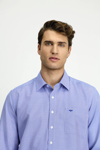  Koyu Mavi  Uzun Kol Klasik Desenli Cepli Pamuklu Kolay Ütülenebilir Gömlek