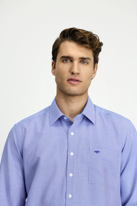 Koyu Mavi  Uzun Kol Klasik Desenli Cepli Pamuklu Kolay Ütülenebilir Gömlek