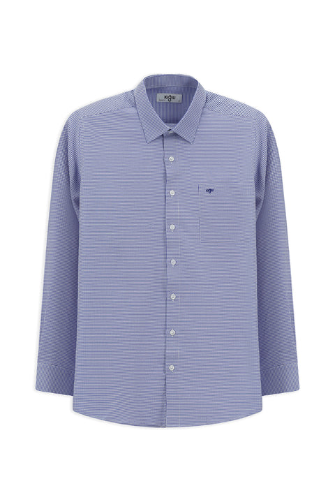 Koyu Mavi  Uzun Kol Klasik Desenli Cepli Pamuklu Kolay Ütülenebilir Gömlek