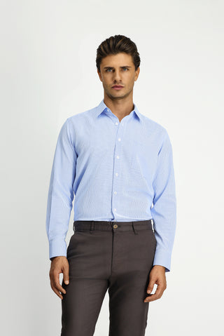  Mavi Uzun Kol Klasik Desenli Cepli Pamuklu Kolay Ütülenebilir Gömlek