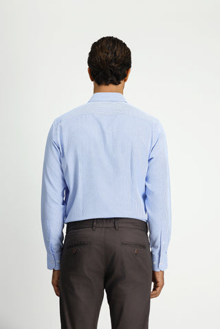  Mavi Uzun Kol Klasik Desenli Cepli Pamuklu Kolay Ütülenebilir Gömlek