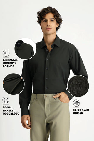  Koyu Haki Techno-Line Uzun Kol Klasik Likralı Gömlek