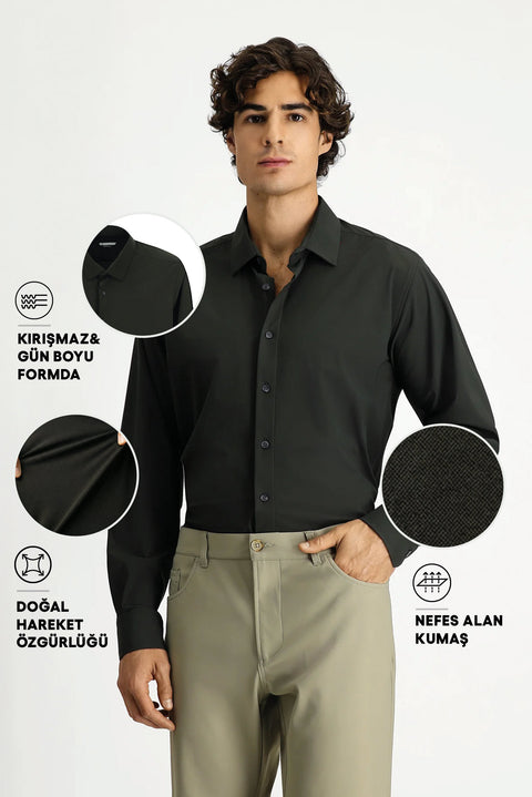 Koyu Haki Techno-Line Uzun Kol Klasik Likralı Gömlek