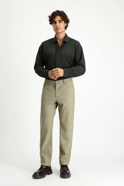 Koyu Haki Techno-Line Uzun Kol Klasik Likralı Gömlek