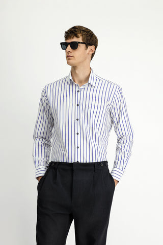  Orta Lacivert Uzun Kol Klasik Çizgili Pamuk Gömlek