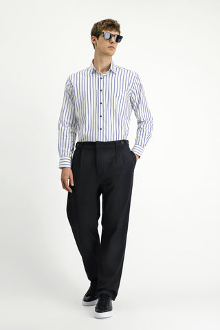  Orta Lacivert Uzun Kol Klasik Çizgili Pamuk Gömlek