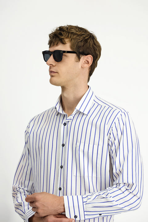 Orta Lacivert Uzun Kol Klasik Çizgili Pamuk Gömlek