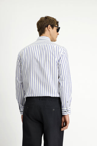  Orta Lacivert Uzun Kol Klasik Çizgili Pamuk Gömlek