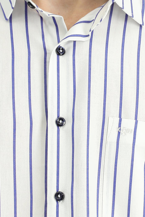 Orta Lacivert Uzun Kol Klasik Çizgili Pamuk Gömlek