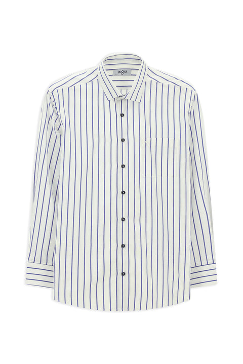 Orta Lacivert Uzun Kol Klasik Çizgili Pamuk Gömlek