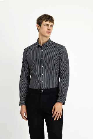  Siyah Uzun Kol Klasik Çizgili Pamuk Gömlek