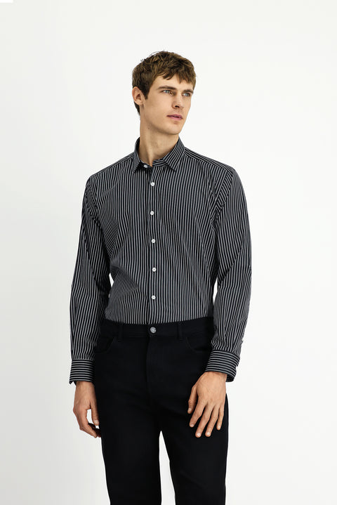 Siyah Uzun Kol Klasik Çizgili Pamuk Gömlek