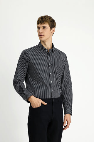  Siyah Uzun Kol Klasik Çizgili Pamuk Gömlek