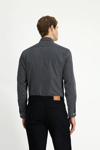  Siyah Uzun Kol Klasik Çizgili Pamuk Gömlek