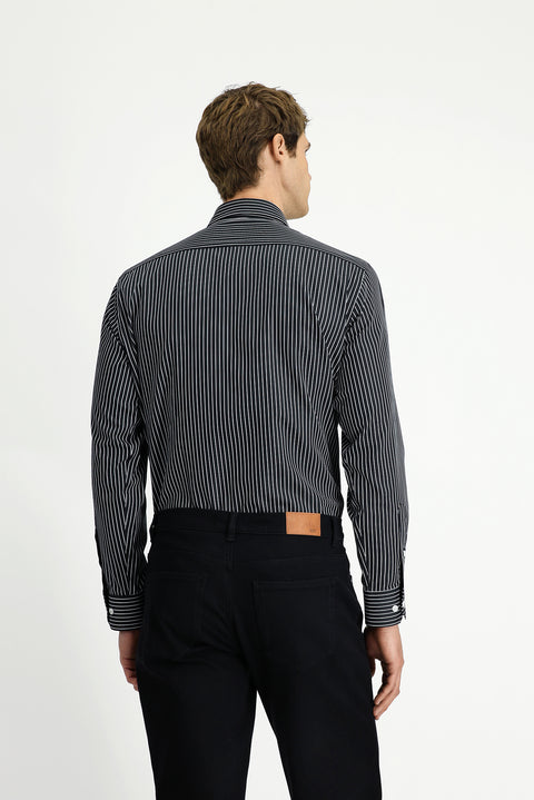 Siyah Uzun Kol Klasik Çizgili Pamuk Gömlek