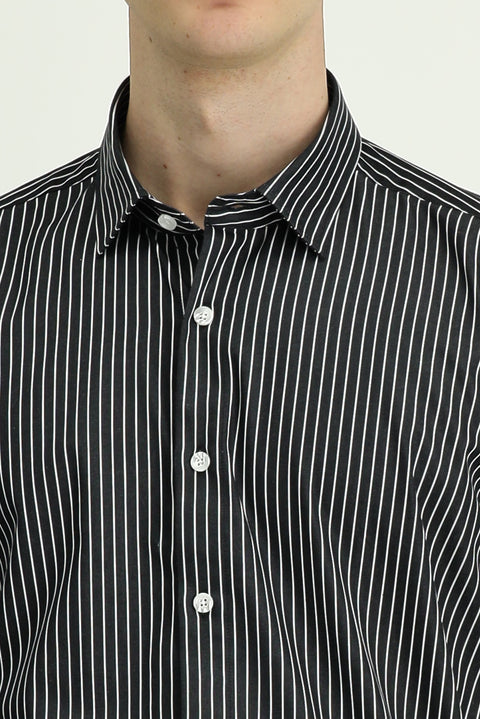Siyah Uzun Kol Klasik Çizgili Pamuk Gömlek