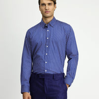 Orta Lacivert Uzun Kol Klasik Çizgili Pamuk Gömlek