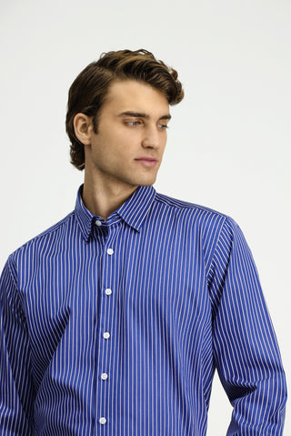  Orta Lacivert Uzun Kol Klasik Çizgili Pamuk Gömlek