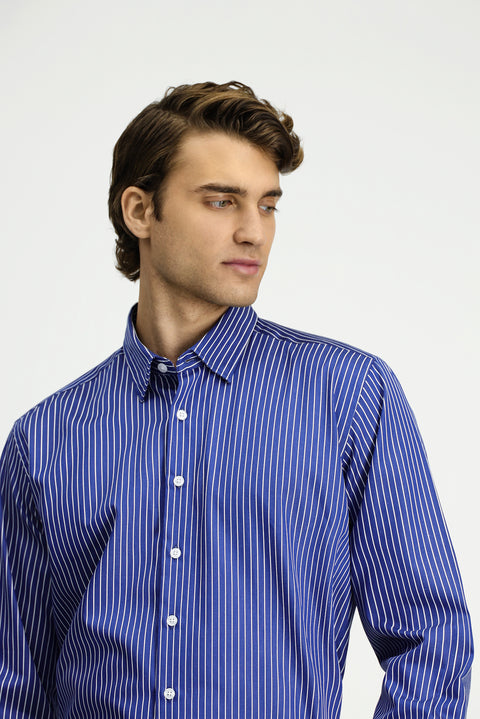 Orta Lacivert Uzun Kol Klasik Çizgili Pamuk Gömlek