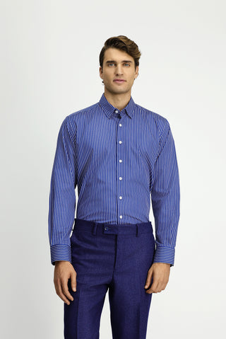  Orta Lacivert Uzun Kol Klasik Çizgili Pamuk Gömlek