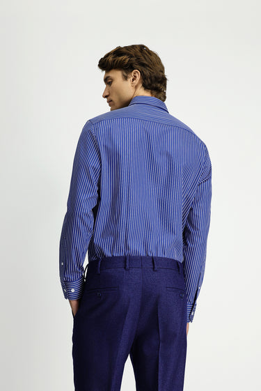 Orta Lacivert Uzun Kol Klasik Çizgili Pamuk Gömlek