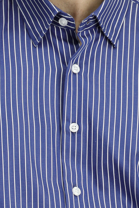 Orta Lacivert Uzun Kol Klasik Çizgili Pamuk Gömlek