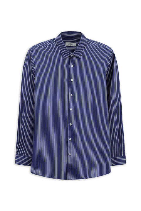 Orta Lacivert Uzun Kol Klasik Çizgili Pamuk Gömlek