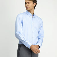 Açık Mavi Uzun Kol Klasik Çizgili Pamuk Gömlek
