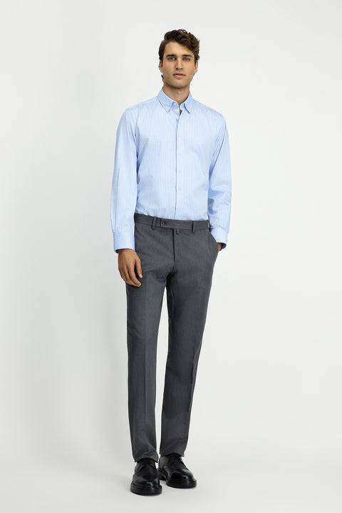 Açık Mavi Uzun Kol Klasik Çizgili Pamuk Gömlek