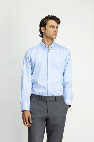  Açık Mavi Uzun Kol Klasik Çizgili Pamuk Gömlek