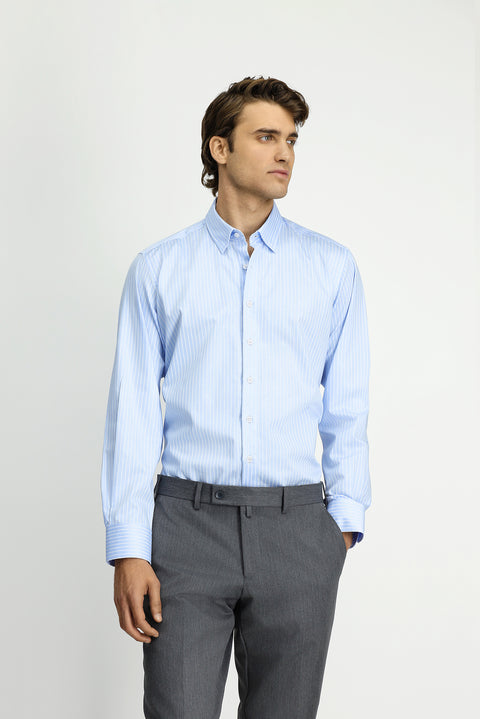 Açık Mavi Uzun Kol Klasik Çizgili Pamuk Gömlek