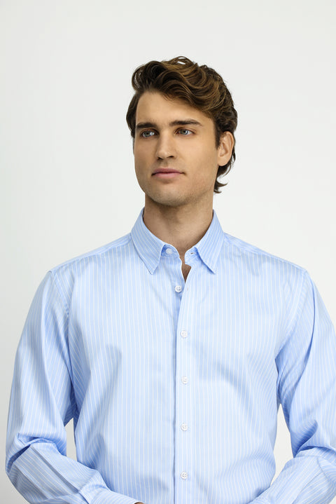 Açık Mavi Uzun Kol Klasik Çizgili Pamuk Gömlek