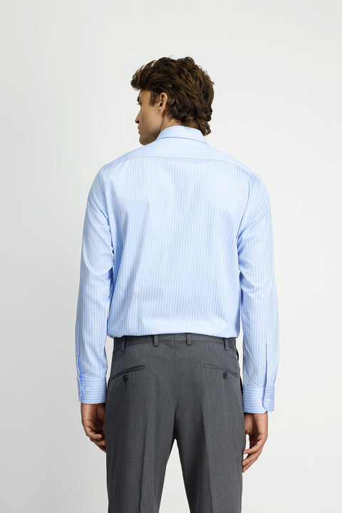 Açık Mavi Uzun Kol Klasik Çizgili Pamuk Gömlek