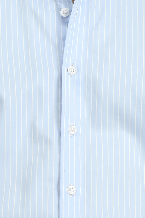 Açık Mavi Uzun Kol Klasik Çizgili Pamuk Gömlek