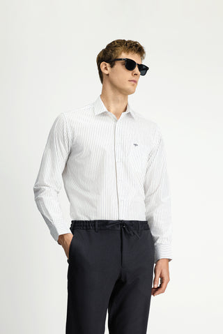  Koyu Lacivert Uzun Kol Klasik Cepli Çizgili Pamuklu Kolay Ütülenebilir Gömlek