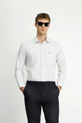  Koyu Lacivert Uzun Kol Klasik Cepli Çizgili Pamuklu Kolay Ütülenebilir Gömlek