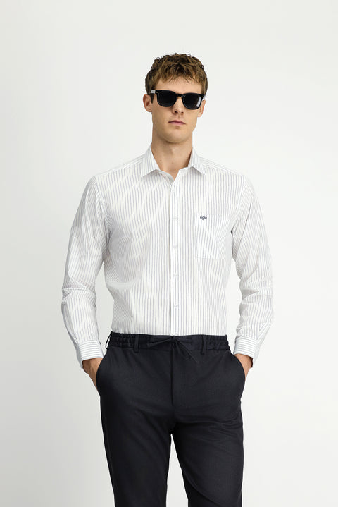 Koyu Lacivert Uzun Kol Klasik Cepli Çizgili Pamuklu Kolay Ütülenebilir Gömlek